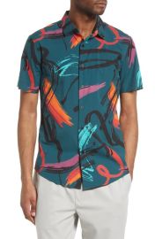 Open Edit Brush Stroke Short Sleeve Stretch Cotton Button-Up Shirt in Green Abstract Paint Stroke Size Medium at Nordstrom