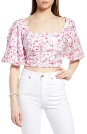 Open Edit Puff Sleeve Linen Blend Crop Top at Nordstrom