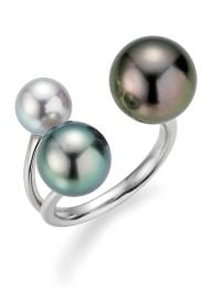 Open white gold ring with multicoloured Tahiti pearls and Akoya pearl Yana Nesper at Yana Nesper