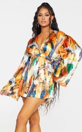 Orange Abstract Plunge Pleated Playsuit PrettyLittleThing USA at Pretty Little Thing