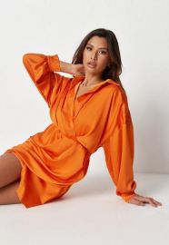 Orange Crinkle Satin Plunge Shirt Dress at Missguided