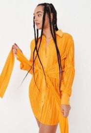 Orange Plisse Tie Waist Shirt Dress at Missguided