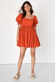 Orange Puff Sleeve Dress - Babydoll Dress - Square Neck Dress - Lulus at Lulus