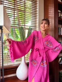 Organic Cotton Boho Robe Pink Kimono Summer Wrap Loungewear Evil Eye Robe Resort Weargift for Her Cozy Lounge Robehome Wear Gift Idea - at Etsy