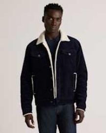 Organic Stretch Corduroy Sherpa-Lined Trucker Jacket in Deep Navy at Quince