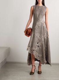 Oscar de la Renta Asymmetric Guipure Lace trimmed Prince Of Wales Checked Dress in Brown at Net a Porter