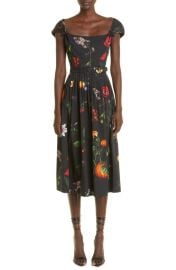 Oscar de la Renta Belted Garden Print Cap Sleeve Stretch Cotton Poplin Midi Dress at Nordstrom