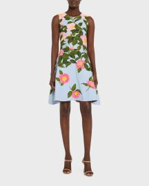 Oscar de la Renta Camellia Jacquard Fit and Flare Knit Sleeveless Dress at Neiman Marcus