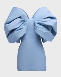 Oscar de la Renta Draped Bow-Sleeve Mini Dress With Train at Neiman Marcus
