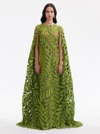 Oscar de la Renta Fern Embroidered Faille Caftan In Avocado at Oscar de la Renta