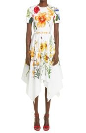 Oscar de la Renta Floral Belted Handkerchief Hem Midi Dress in White Multi  at Nordstrom