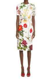 Oscar de la Renta Floral Belted Stretch Cotton Twill Dress in White Multi  at Nordstrom