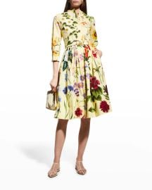 Oscar de la Renta Floral Pleated Midi Dress w Belt at Neiman Marcus