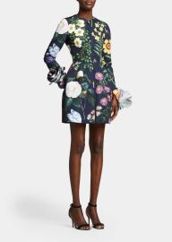 Oscar de la Renta Floral-Print Rosette-Cuff Mini Dress - at Bergdorf Goodman