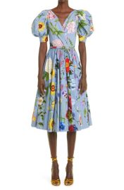 Oscar de la Renta Floral Puff Sleeve Stretch Cotton Dress at Nordstrom