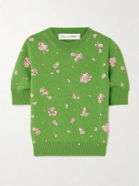 Oscar de la Renta Floral crystal and sequin embellished wool sweater at Net a Porter