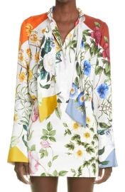 Oscar de la Renta Geometric Floral Tie Neck Silk Twill Blouse in White Multi  at Nordstrom