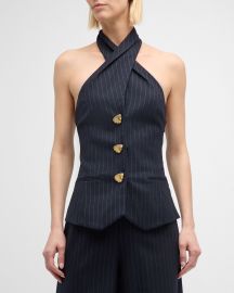 Oscar de la Renta Halter Button-Front Pinstripe Tailored Blouse at Neiman Marcus