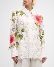 Oscar de la Renta Hibiscus Embroidered Long-Sleeve Floral Guipure Collared Top at Neiman Marcus