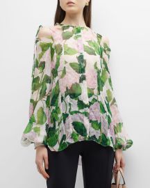 Oscar de la Renta Hydrangea-Print Tie Cold-Shoulder Chiffon Blouse at Neiman Marcus