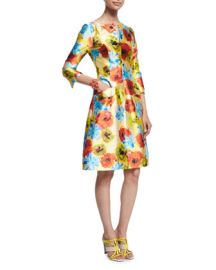 Oscar de la Renta Impasto Floral-Print A-Line Dress Marigold at Neiman Marcus