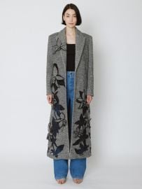 Oscar de la Renta Long Sleeve Oversized Wool Twill Coat W Cut Out Orchid Embroidery in WhiteBlack at Augustinas