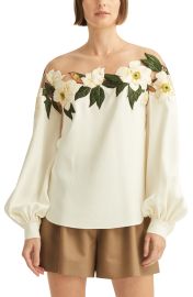 Oscar de la Renta Magnolia Embroidered Illusion Cold Shoulder Stretch Silk Blouse in Ivory  at Nordstrom