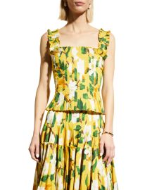 Oscar de la Renta Magnolia Floral-Print Pleated Ruffle Top at Neiman Marcus