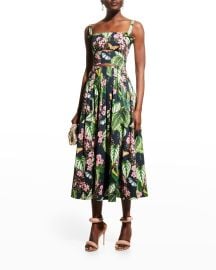 Oscar de la Renta Mixed Botanical-Print Cutout Pleated Midi Dress at Neiman Marcus