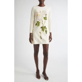 Oscar de la Renta Painted Rose Long Sleeve Wool Blend Shift Dress at Nordstrom