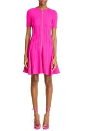 Oscar de la Renta Pintuck Zip Front Wool Blend Fit Flare Sweater Dress at Nordstrom