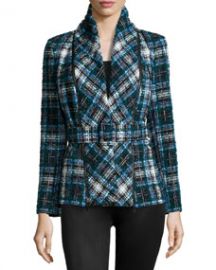 Oscar de la Renta Plaid Shawl-Collar Belted Jacket Ocean at Last Call