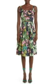 Oscar de la Renta Pleated Botanical Print Cutout Stretch Cotton Midi Dress at Nordstrom