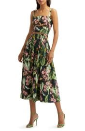 Oscar de la Renta Pleated Botanical Print Cutout Stretch Cotton Midi Dress at Nordstrom