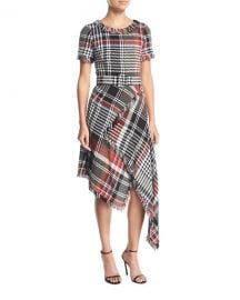 Oscar de la Renta Round-Neck Asymmetric Plaid Tweed Dress at Neiman Marcus