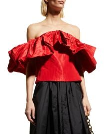 Oscar de la Renta Ruffle Off-The-Shoulder Pintuck Taffeta Top at Neiman Marcus