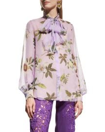 Oscar de la Renta Sheer Passionflower Tie Neck Blouse at Neiman Marcus