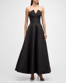 Oscar de la Renta Strapless Fit-amp-Flare Tea-Length Faille Gown at Neiman Marcus