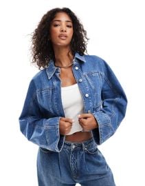 Other Stories Cropped denim jacket with volume sleeves in blue wash at ASOS