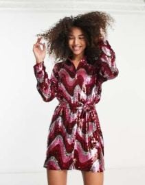 Other Stories all over wave sequin mini shirt dress in pink at ASOS