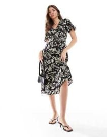 Other Stories flutter sleeve midi dress in mono floral print at ASOS