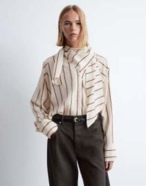 Other Stories scarf neck blouse with volume sleeves in vintage beige stripes at ASOS