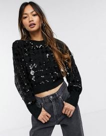 Other Stories sequin detail puff sleeve sweater in black at ASOS