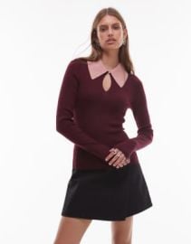 Other Stories wool blend knitted top in burgundy with contrast keyhole collar at ASOS