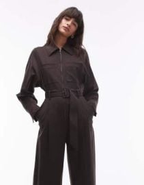 Other Stories wool blend long sleeve utility jumpsuit in dark brown at ASOS