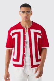 Oversized Boxy Border Knit Revere Shirt USA at Boohoo