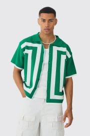 Oversized Boxy Border Knit Revere Shirt boohooMAN USA at Boohoo Man