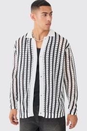 Oversized Crochet Long Sleeve Stripe Shirt In Ecru at Boohoo