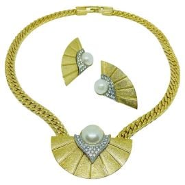 PARK LANE signed vintage gold pearl rhinestones designer necklace earrings at 1st Dibs