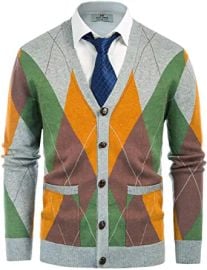 PJ PAUL JONES Mens V Neck Argyle Cardigan Sweater Contrast Knitwear with Pockets at  Mens Clothing store at Amazon